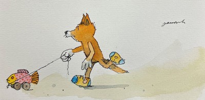 Janosch (Horst Eckert, geb. 1931, aquarellierte Tuschfederzeichnung, handsigniert, ca. 11.5x17.5cm, u.Gl., R. ca. 27x33cm