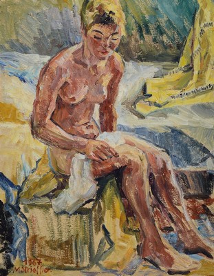 Marie Strieffler, 1917-1987 Landau, Sitzender Akt am Ufer, verso bez. "Akt im Gegenlicht", Öl/Lwd, links unten signiert und at. 1967, ca. ...