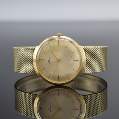 OEBRA Herrenarmbanduhr in GG 585/000 mit Goldband in GG 585/000, Schweiz um 1965, Handaufzug, 2-teil. Geh., Boden aufgedr., angelöt. Milanaiseband, ...