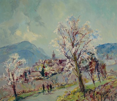 Karl Graf, 1902-1986 Speyer, Blühende Mandelbäume bei Frankweiler an der deutschen Weinstraße, Öl/Holz, signiert, rückseitig signiert, betitelt ...