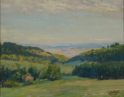Julius Hellner, 1877 Wiesbaden-1942 Kassel, Weite Landschaft bei Kassel, Öl/Malkarton, rechts unten signiert und bez. Kassel, ca. 24x30cm, R. ca. ...