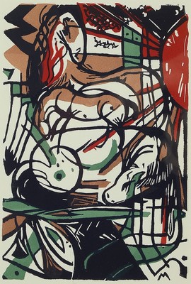 Franz Marc, 1880-1916, Die Geburt der Pferde, späterer Abzug des Farbholzschnitts von 1911, ca. 14x21cm, PP, u.Gl., R. ca. 30x35cm