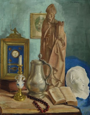 Friedrich Einhoff, 1901 Baven-1988 Soltau, Stillleben mit Figur, Kanne, Putto, Kerzenleuchter, Uhr und Buch, Öl/Malkarton, links unten restauriert, ...