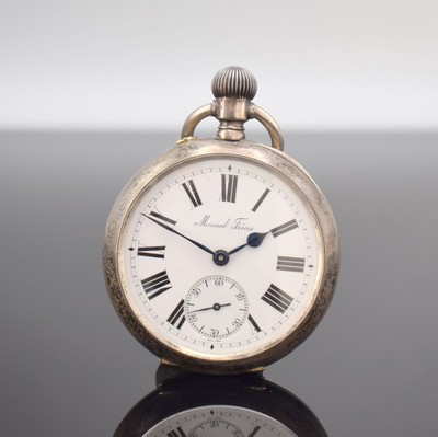 MERMOD FRERES offene Taschenuhr in 875er Silber, Schweiz um 1900, Geh. dell./angel., guill. Rückdeckel m. Monogrammspiegel, Emailzifferbl. m. röm. ...