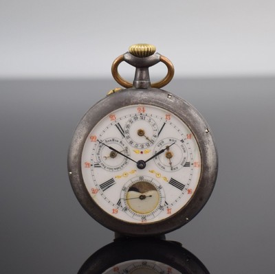Offene Taschenuhr mit kyrillischem Kalender & Mondphase, Schweiz um 1900, brüniertes Geh., Emailzifferbl. m. röm. Zahlen riss., gebl. Zeiger (teils ...