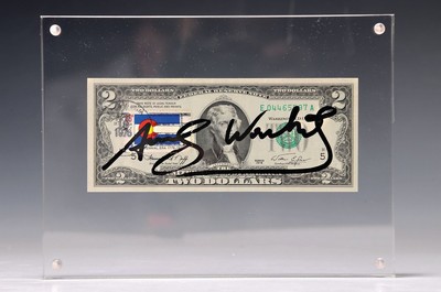 Andy Warhol, 1928-1987, "2 Dollars (Thomas Jefferson)" Seriennr. E04465797A, 1976, Briefmarke u. US-Post-Stempel (13.April 1976),Vorder- u. ...