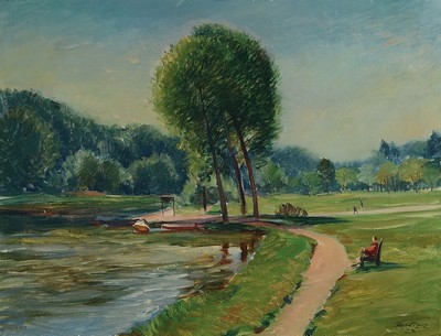Richter, Künstler des 20.Jh., Parklandschaft mit Spaziergängern am Fluss, Öl/Lwd, rechts unten signiert u. datiert 23, rest., R., ca. 67x81 cm
