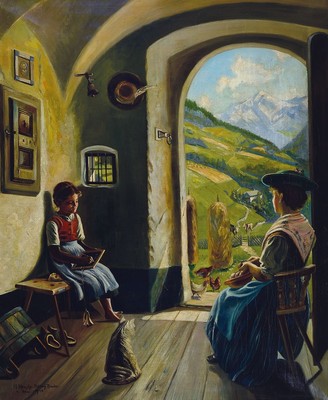 Marta Henckel-Pillnay, Künstlerin aus Dresden,datiert 1940, Kopie nach Emil Rau, Mutter und Tochter in der Stube, durch die geöffnete Tür Blick in ...