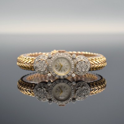 Ausgefallene Damenarmbanduhr in RG 750/000 mit Longines Uhrwerk & Diamantbesatz, Schweiz um 1955, Handaufzug, wohl sog. Juweliersarbeit, aufw. Geh. ...