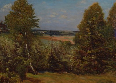 Albin Schlehan, geb. 1870 Eichigt im Vogtland, war ansässig in Plauen, hier: Sommerliche Landschaft mit Blick auf ein Dorf, Öl/Malkarton, rechts ...
