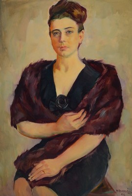 Karl Bruchhäuser, 1917-2005, Studium an der Akademie Düsseldorf, war ansässig in Neuwied, hier: Porträt einer Frau mit Pelzstola, Öl/Lwd, rechts ...