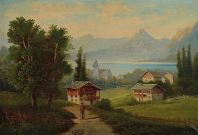 C. Bauer, Künstler der 2. Hälfte des 19. Jh., Landschaft mit See und Häusern in den Bergen, spätromantische Auffassung, Öl/Lwd, mittig unten ...