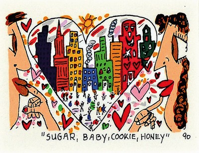James Rizzi, 1950-2011, Lithografie, "sugar, Baby, cookie,Honey", dat. 90, unter Glas, gesamt ca. 28x30cm