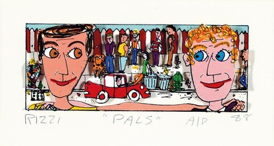 James Rizzi, 1950-2011, "Pals", 3D-Konstruktion, handsign., dat.A/P, dat. 88, unter Glas gerahmt, ca. 28,5x33,5 cm