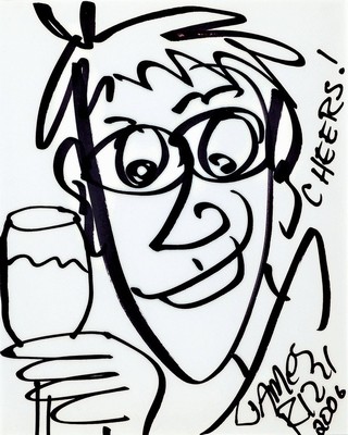 James Rizzi, 1950-2011, "cheers", Filzstiftzeichnung, handsign., dat. 2006, u. Glas, gesamt ca. 42x37 cm