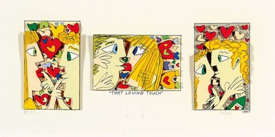 James Rizzi, 1950-2011, 3D-Konstruktion "that loving touch", handsign., num. 116/350, dat. 1997, unter Glas gerahmt, R. beschädigt, gesamt ...