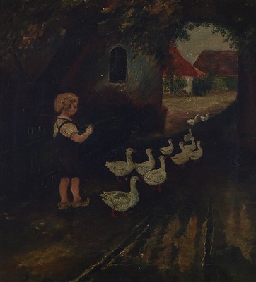 Ernst Schäfer, geb. 1901, Mädchen mit Gänsen, Öl/Lwd, links unten signiert, ca. 26x24cm/ 37x35cm, Rahmen, dieser beschädigt