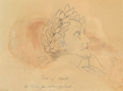 Friedrich Preller, d. Ältere, 1804 Eisenach - 1878 Weimar, Bleistiftzeichnung aquarelliert Goethe auf dem Totenbett, von Preller für Kestner ...