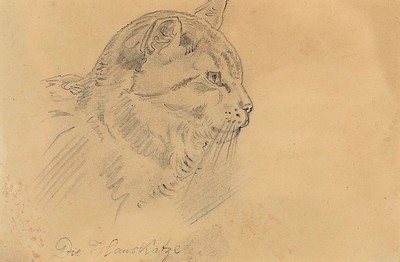 Friedrich Preller, d. Ältere, 1804 Eisenach - 1878 Weimar, Bleistiftzeichnung, bez. "Die Hauskatze", aus einem Skizzenbuch entnommen und ...