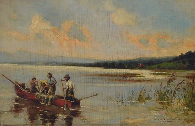 Ignaz Mayer-Frauenberg, 1874 Birnkofen-1932, Schüler von Defregger, "Fischer am Chiemsee", so verso bez., Öl/Malkarton, gekonnte ...