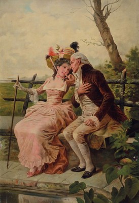 Antonio Lonza, 1846 Triest-1918 Venedig, verliebtes Paar in Kostümen des 18. Jh. auf einer Bank in der Natur, Öl/Lwd, rechts unten signiert, ca. ...
