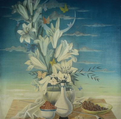 Tommy Parzinger, 1903 München-1981 New York, Stillleben, Öl/Lwd, rechts unten signiert, verso mit Ausstellungsetikett München,ca. 90 x 90 cm, ...