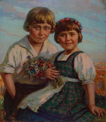Emil Firnrohr, 1881 Karlsruhe- 1961, Porträt eines Geschwisterpaares, Öl/Holz, links unten signiert, 70 x 60 cm