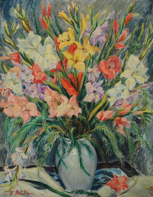 Hermann Mühlen, 1886 Düsseldorf-1964 München , Stillleben mit Gladiolen, Öl/Malkarton, links unten signiert und dat. 1948, ca. 70 x 55 cm, Rahmen ...