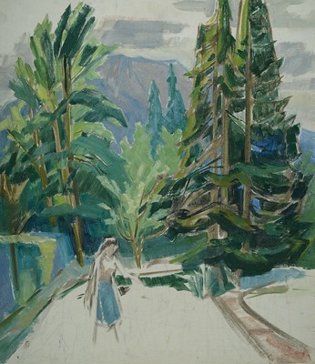 Franz Schicker, 1915-2010, Ölstudie, Frau in Waldlandschaft in den Bergen, Öl/Hartfaser, verso Nachlassstempel, ca. 86 x 75 cm