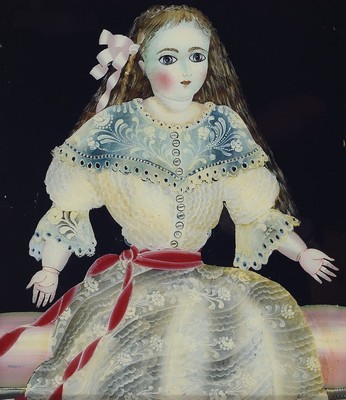 Suzy Bartolini, geb. 1930, zwei Hinterglasmalereien mit Puppendarstellungen, rückseitig signiert und z.T. bezeichnet, ca. 38 x 33 cm, Rahmen ca. ...