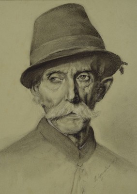 Max Oppenheimer, 1885-1954, Porträt eines Bauern mit Hut, Bleistiftzeichnung, rückseitig num. 72, vorne und hinten signiert, ca. 49 x 36 cm