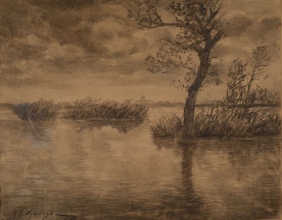 Michael Gorstkin Wywiorski, 1861-1926, Kohlezeichnung auf braunem Papier, Seelandschaft mit Dorf im Hintergrund, signiert, li. ausgebessert, 54 x 68 ...