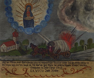Votivbild, süddeutsch, nach 1801, Darstellung Mariens als Nothelferin bei Blitzeinschlag in ein Fuhrwerk, mit Beschreibung, Datierung 1801 u. ...