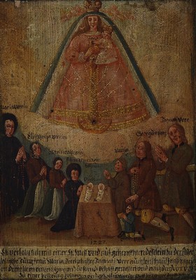 Votivbild, süddeutsch, dat. 1727, Anbetung Mariens anlässlich Heirat und Geburt zweier Kinder, Maria als Schutzmantelmadonna, mit Beschreibung u. ...