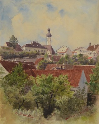 Carl Zopf, geb. 1958 Neuruppin, Studium in Berlin und an der Akademie München, hier: Blick auf die Altstadt von Dachau, Gouache auf Papier, ...