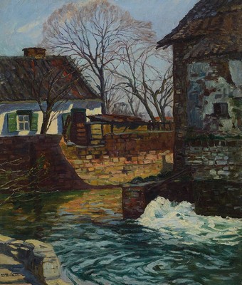 Erich Freiherr von Perfall, 1882-1961 Düsseldorf, Studium an den Akademien Düsseldorf und Karlsruhe, hier: Wehrturm am Stadtgraben, Öl/Lwd, links ...