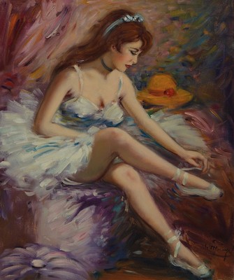 Helmut Breuninger, 1921-1998, Tänzerin beim Binden der Schuhe, Öl/Lwd, rechts unten signiert, ca. 60x50cm, R. ca. 68x58cm