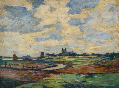 Wilhelm Schmetz, 1890 Düsseldorf-1938 Aachen, Studium an der Akademie Düsseldorf, hier: Blick auf Kaiserswerth, Öl/Lwd, rechts unten signiert, ca. ...