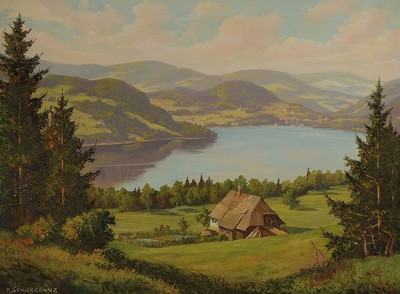 Fritz Schickedanz, 1915 Frankfurt-1972 Karlsruhe, Studium an der Akademie Karlsruhe, bekannter Schwarzwaldmaler, hier: Titisee mit Seehäusl, ...