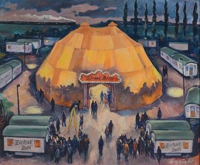 Edwin Grazioli, 1914-1986, Zirkus Belli, Öl/Holz, rechts unten signiert, ca. 59x71cm, R. ca. 62x74cm