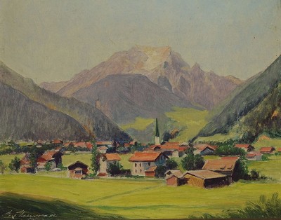 E. von Harrach, Malerei aus den 1930er Jahren, Blick auf Mayrhofen im Zillertal, Öl/Malkarton, links unten signiert, ca. 20x25cm, R. ca. 28x34cm