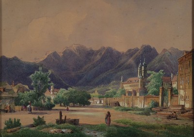 Franz Sager, 1821-1891, Blick auf das Kloster Admont vor dem Brand von 1865, Aquarell auf Papier, rückseitig signiert und dat. 1856, ca. 19x26cm, ...