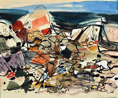 Richard Schreiber, 1904-1963 Düsseldorf, Landschaft, Tusche und Aquarell, rechts unten signiert, ca. 49x59cm, u.Gl., R. ca. 53x63cm signiert, ca. ...