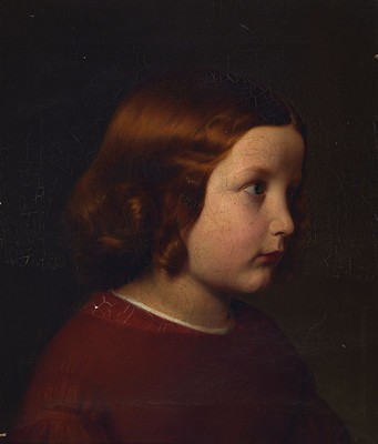 Unbekannter Künstler, Münchener Schule, um 1900, Porträt eines Mädchens mit rotblonden Locken, Öl/Lwd, kleinere Farbfehlstellen, ca. 41x35cm, R. ...