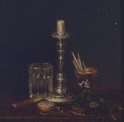 Monogrammist S.C., deutsch, um 1870-80, Stillleben mit silbernem Kerzenleuchter, Kristallglas, Taschenuhr und mehr, feine detailreiche Malerei in ...