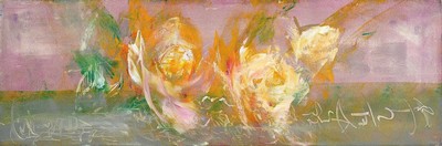 Juvena Lavall, geb. 1961, Blumenstillleben, Öl/Lwd, signiert, verso nochmals signiert, dat. 2001, ca. 30 x 90 cm