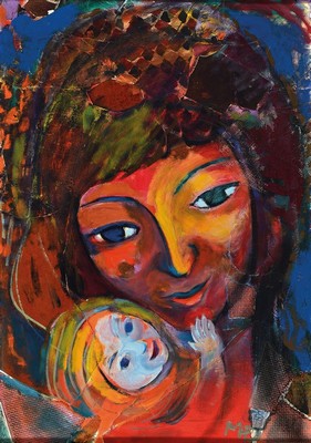 Margret Hofheinz-Döring, 1910-1994, Mutter mit Kind, Öl/Malkarton collagiert, ca. 69x49cm, R. ca. 72x52cm, dieser besch.