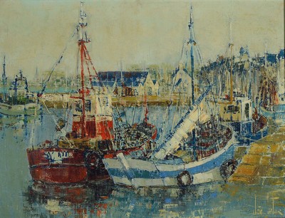 Joé le Fur, 1920 Guémené-2001, Schiffe und Boote im Hafen, Öl/Lwd, rechts unten signiert, ca. 50x65cm, R. ca. 62x77cm