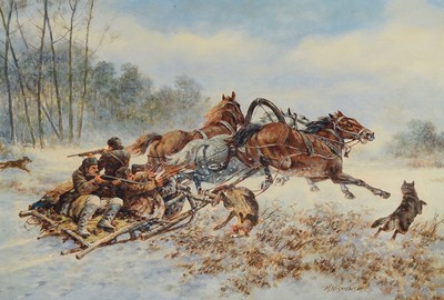 Mieczyslaw Wisniewski, geb. 1925 Warschau, ausgebildet bei Prof. Adam Rychtarski, beeinflusst von Wojciech Kossak, hier: Winterlandschaft, ...
