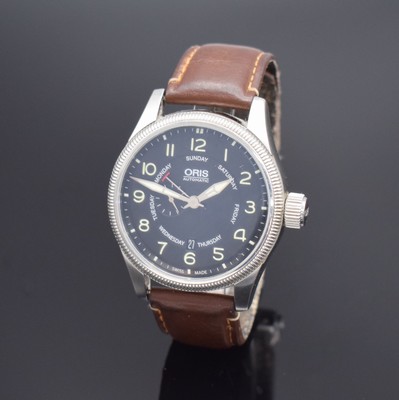 ORIS große Armbanduhr mit Tag/Datum in Stahl, Schweiz um 2015, Automatik, beids. vergl. Geh., Boden & Krone verschr., schwarzes Zifferbl., arab. ...